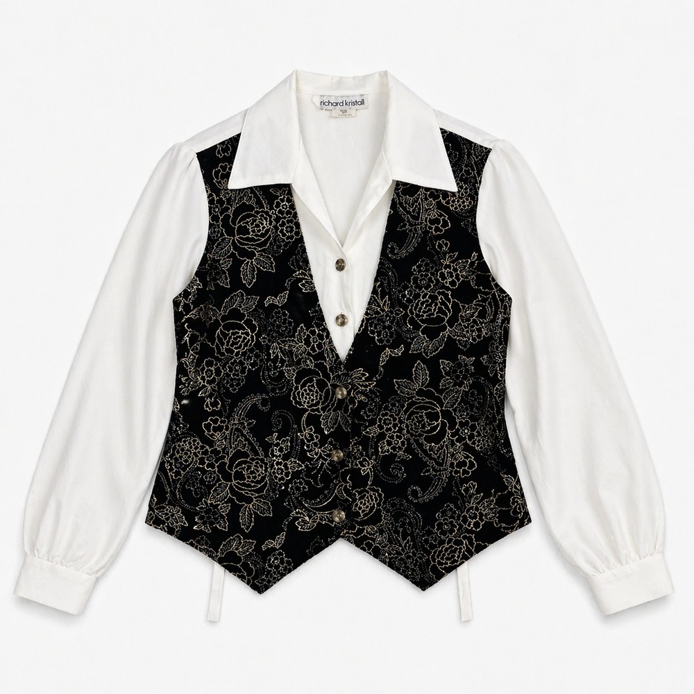 Vtg 80s goblincore Richard Kristall Layered Blouse Tapestry Vest White Labyrinth